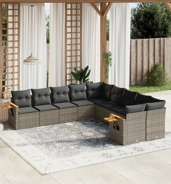 10-tlg. Garten-Sofagarnitur mit Kissen Grau Poly Rattan