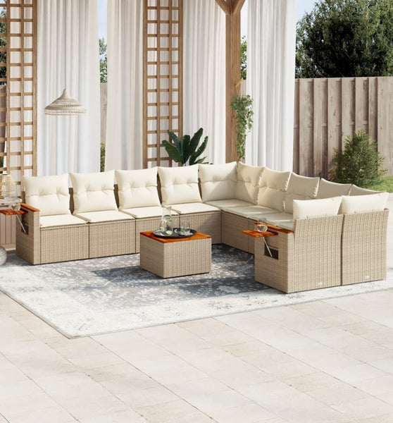 11-tlg. Garten-Sofagarnitur mit Kissen Beige Poly Rattan