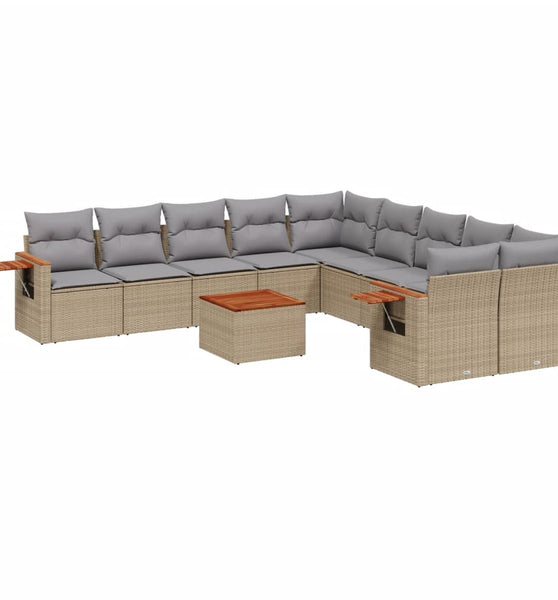 11-tlg. Garten-Sofagarnitur mit Kissen Beige Poly Rattan