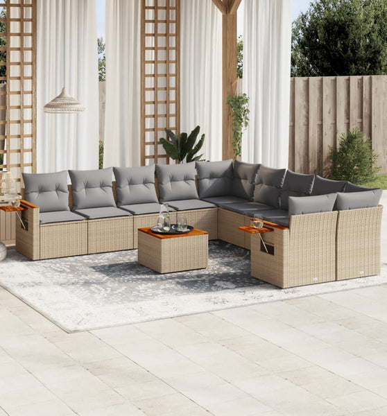 11-tlg. Garten-Sofagarnitur mit Kissen Beige Poly Rattan