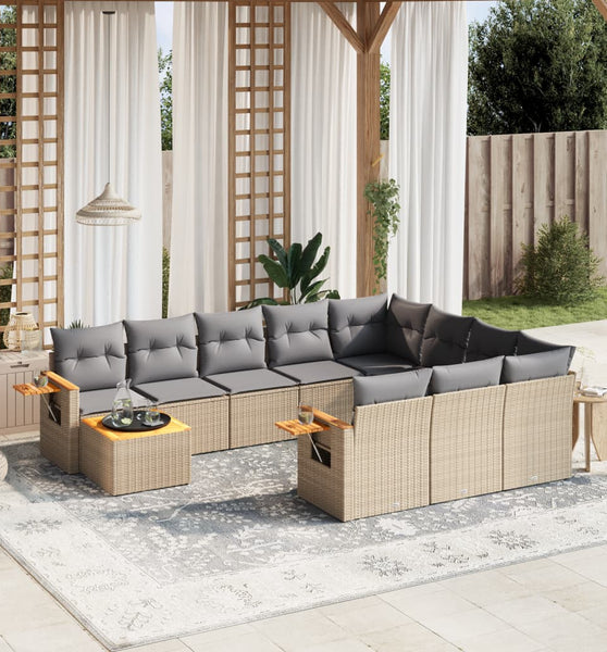 11-tlg. Garten-Sofagarnitur mit Kissen Beige Poly Rattan