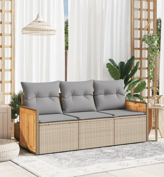 3-tlg. Garten-Sofagarnitur mit Kissen Beige Poly Rattan