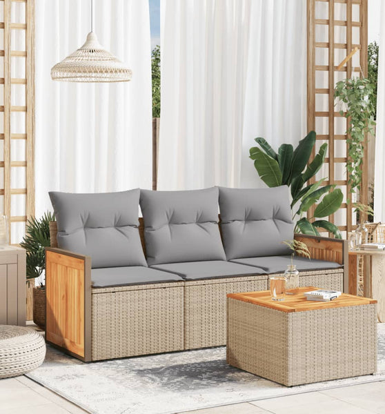 4-tlg. Garten-Sofagarnitur mit Kissen Beige Poly Rattan