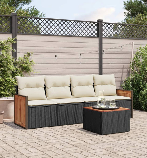 5-tlg. Garten-Sofagarnitur mit Kissen Schwarz Poly Rattan