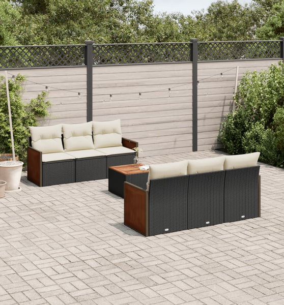 7-tlg. Garten-Sofagarnitur mit Kissen Schwarz Poly Rattan
