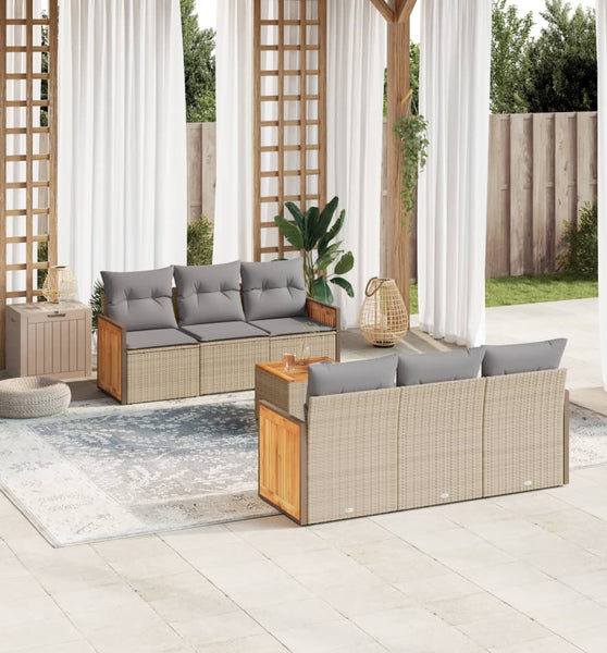 7-tlg. Garten-Sofagarnitur mit Kissen Beige Poly Rattan