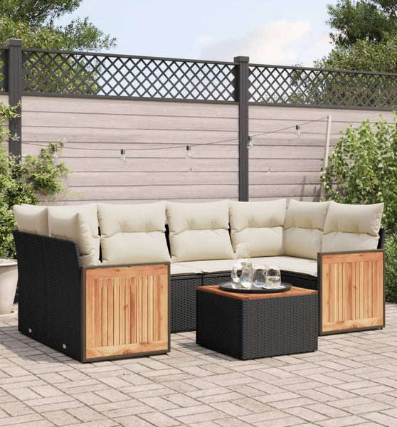7-tlg. Garten-Sofagarnitur mit Kissen Schwarz Poly Rattan