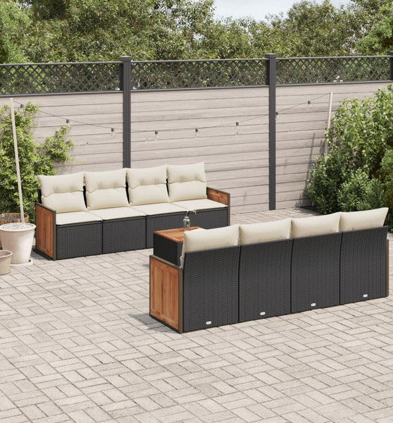 9-tlg. Garten-Sofagarnitur mit Kissen Schwarz Poly Rattan
