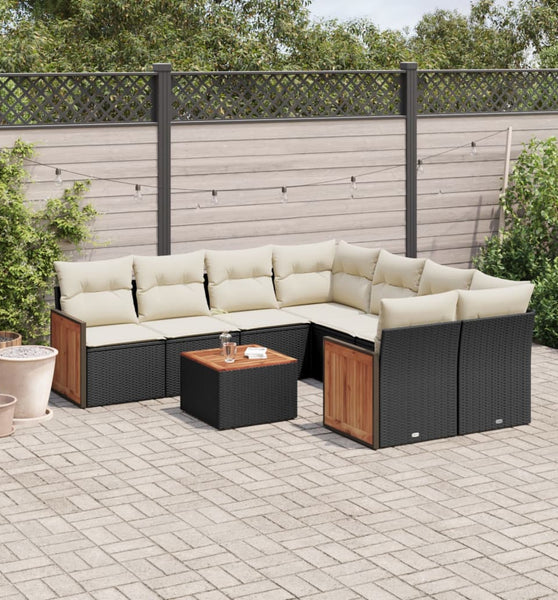 9-tlg. Garten-Sofagarnitur mit Kissen Schwarz Poly Rattan