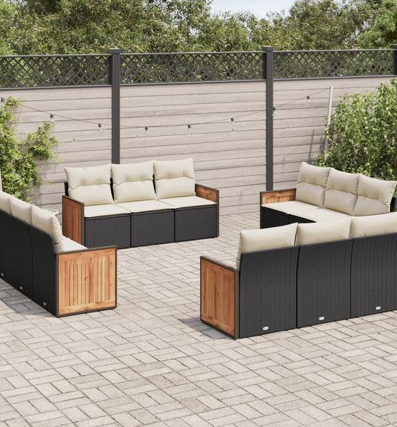 12-tlg. Garten-Sofagarnitur mit Kissen Schwarz Poly Rattan