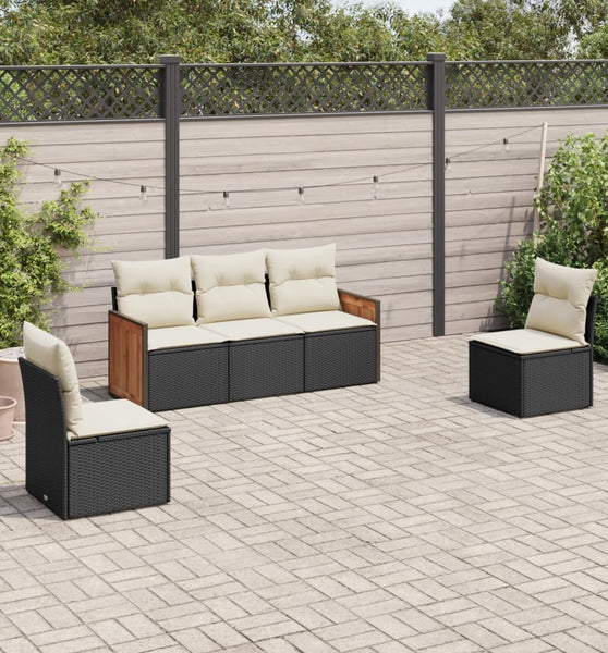 5-tlg. Garten-Sofagarnitur mit Kissen Schwarz Poly Rattan