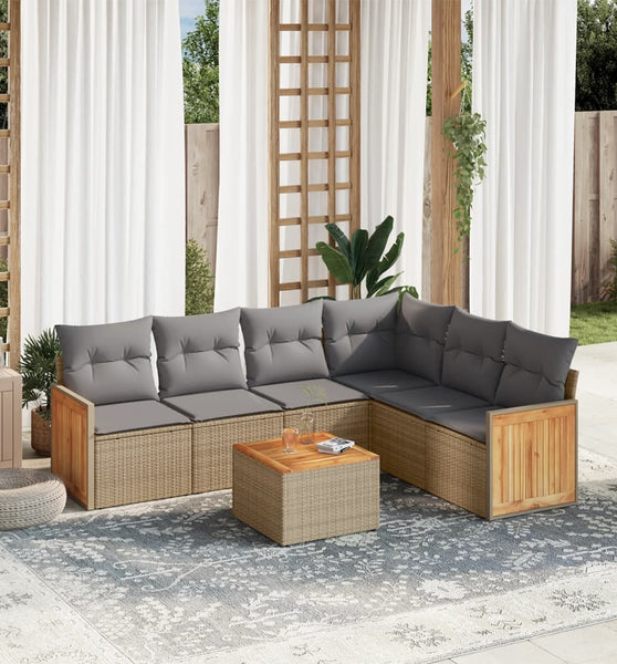 7-tlg. Garten-Sofagarnitur mit Kissen Beige Poly Rattan
