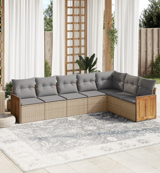 7-tlg. Garten-Sofagarnitur mit Kissen Beige Poly Rattan
