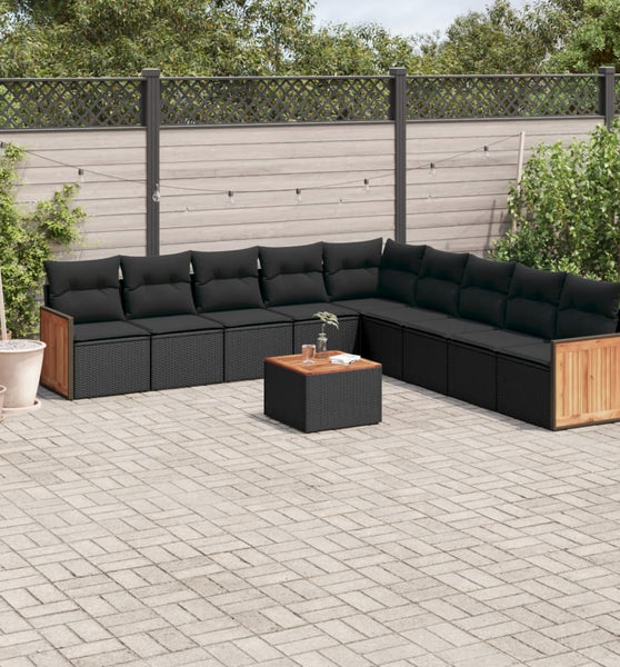10-tlg. Garten-Sofagarnitur mit Kissen Schwarz Poly Rattan