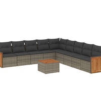 10-tlg. Garten-Sofagarnitur mit Kissen Grau Poly Rattan