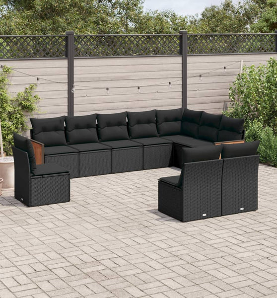 10-tlg. Garten-Sofagarnitur mit Kissen Schwarz Poly Rattan