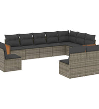 10-tlg. Garten-Sofagarnitur mit Kissen Grau Poly Rattan