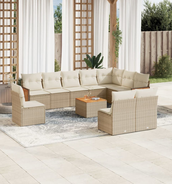 11-tlg. Garten-Sofagarnitur mit Kissen Beige Poly Rattan