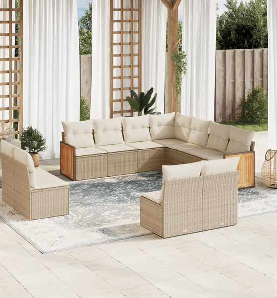 11-tlg. Garten-Sofagarnitur mit Kissen Beige Poly Rattan