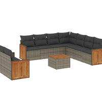 10-tlg. Garten-Sofagarnitur mit Kissen Grau Poly Rattan