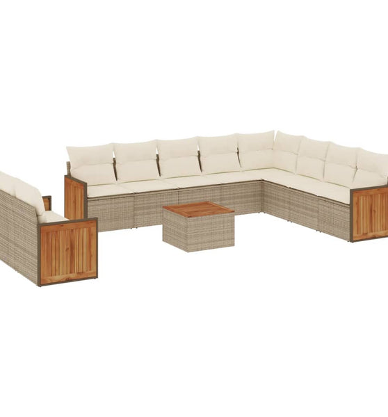 11-tlg. Garten-Sofagarnitur mit Kissen Beige Poly Rattan