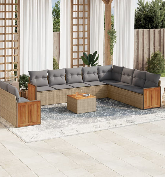 11-tlg. Garten-Sofagarnitur mit Kissen Beige Poly Rattan