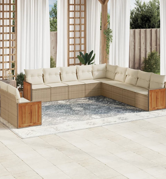 11-tlg. Garten-Sofagarnitur mit Kissen Beige Poly Rattan