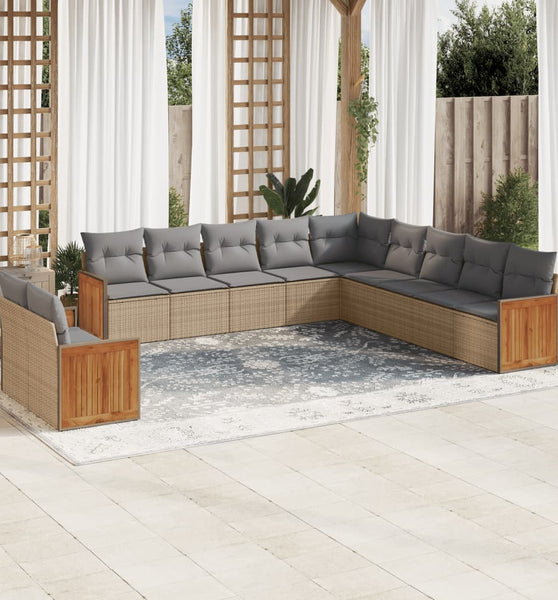 11-tlg. Garten-Sofagarnitur mit Kissen Beige Poly Rattan
