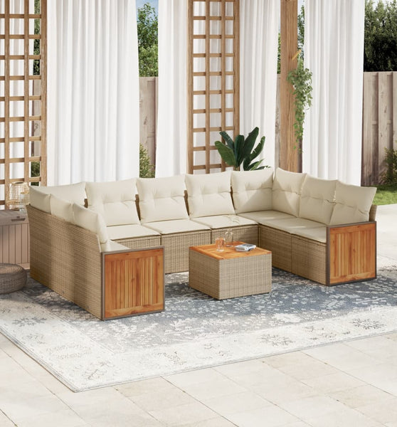 10-tlg. Garten-Sofagarnitur mit Kissen Beige Poly Rattan