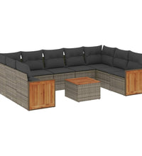 10-tlg. Garten-Sofagarnitur mit Kissen Grau Poly Rattan