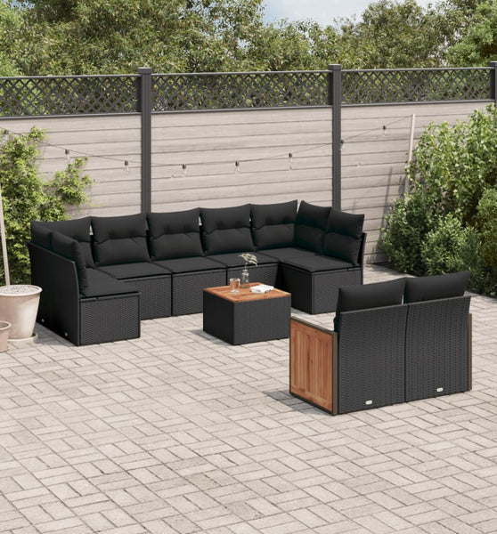 10-tlg. Garten-Sofagarnitur mit Kissen Schwarz Poly Rattan