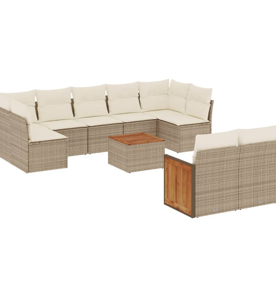 10-tlg. Garten-Sofagarnitur mit Kissen Beige Poly Rattan