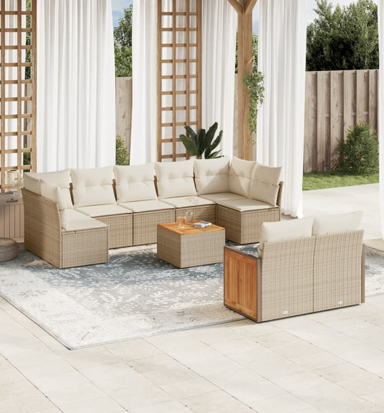 10-tlg. Garten-Sofagarnitur mit Kissen Beige Poly Rattan