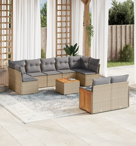 10-tlg. Garten-Sofagarnitur mit Kissen Beige Poly Rattan