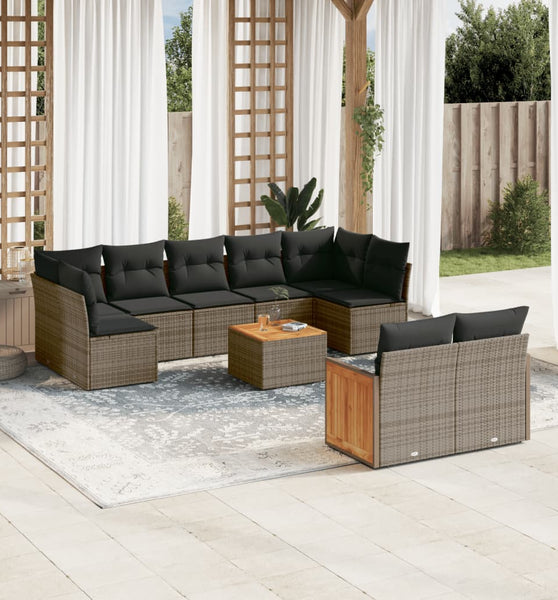 10-tlg. Garten-Sofagarnitur mit Kissen Grau Poly Rattan