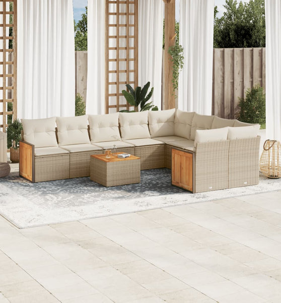 10-tlg. Garten-Sofagarnitur mit Kissen Beige Poly Rattan