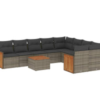 10-tlg. Garten-Sofagarnitur mit Kissen Grau Poly Rattan