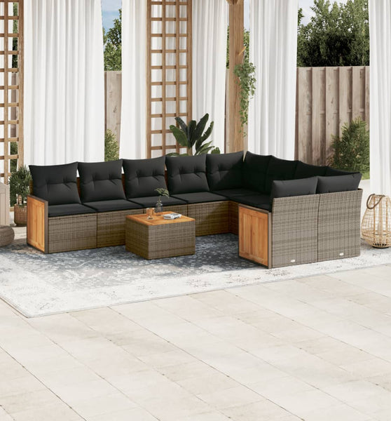 10-tlg. Garten-Sofagarnitur mit Kissen Grau Poly Rattan