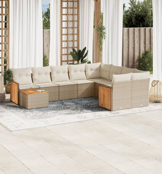 10-tlg. Garten-Sofagarnitur mit Kissen Beige Poly Rattan