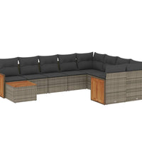 10-tlg. Garten-Sofagarnitur mit Kissen Grau Poly Rattan