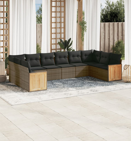 10-tlg. Garten-Sofagarnitur mit Kissen Grau Poly Rattan