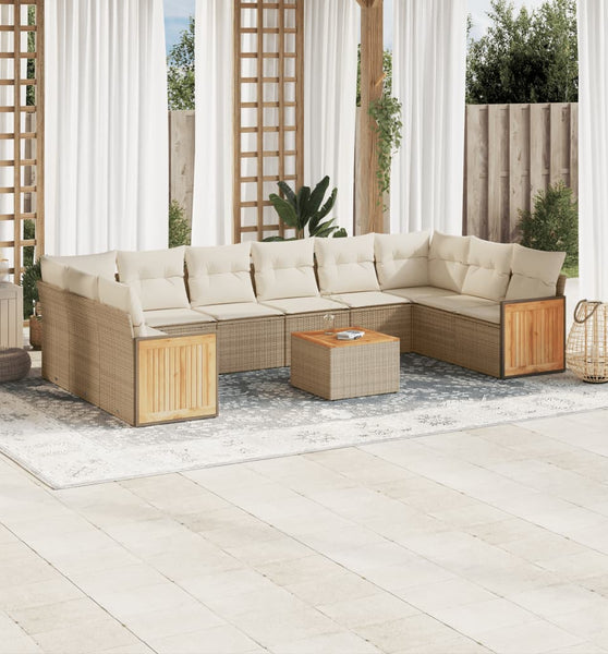 11-tlg. Garten-Sofagarnitur mit Kissen Beige Poly Rattan