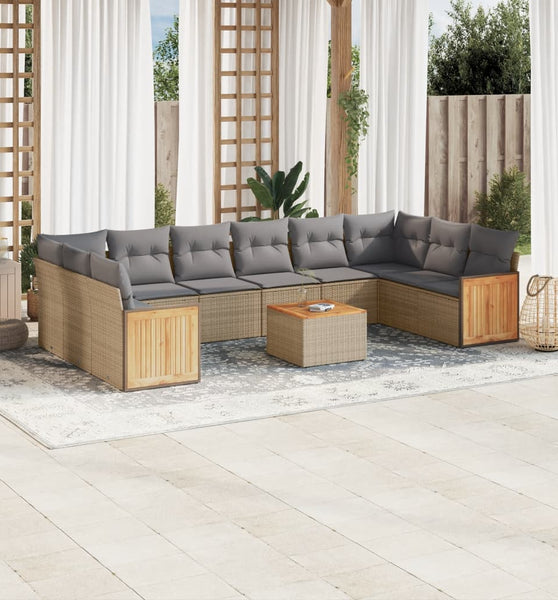 11-tlg. Garten-Sofagarnitur mit Kissen Beige Poly Rattan