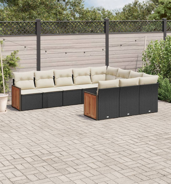 10-tlg. Garten-Sofagarnitur mit Kissen Schwarz Poly Rattan