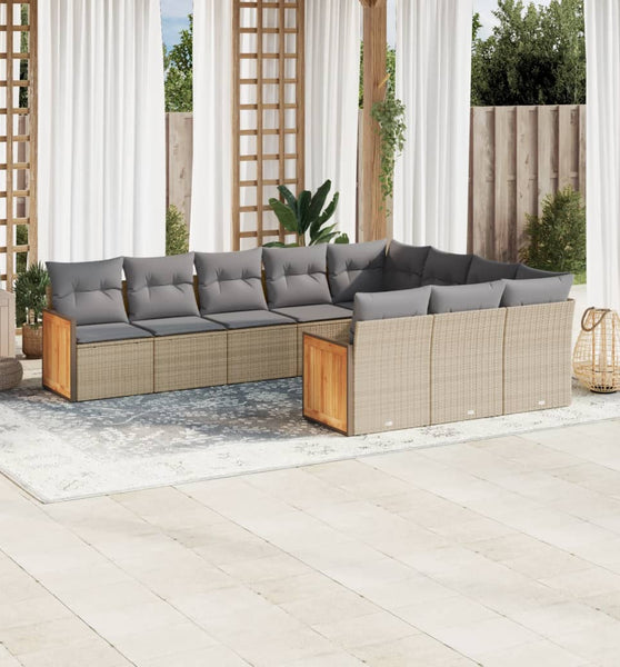 10-tlg. Garten-Sofagarnitur mit Kissen Beige Poly Rattan