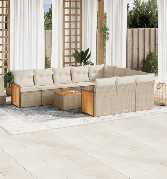 11-tlg. Garten-Sofagarnitur mit Kissen Beige Poly Rattan