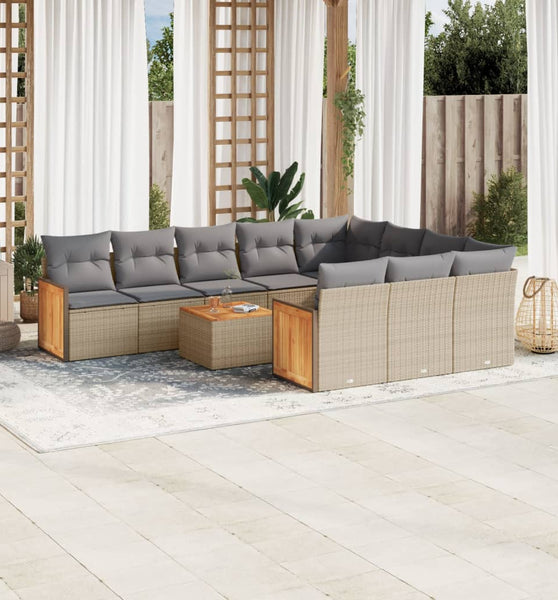 11-tlg. Garten-Sofagarnitur mit Kissen Beige Poly Rattan