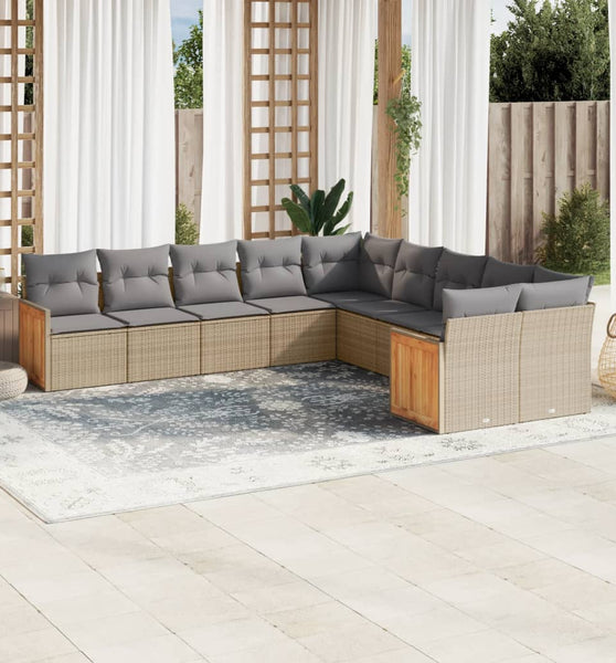 10-tlg. Garten-Sofagarnitur mit Kissen Beige Poly Rattan