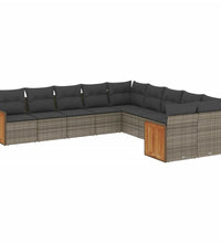 10-tlg. Garten-Sofagarnitur mit Kissen Grau Poly Rattan