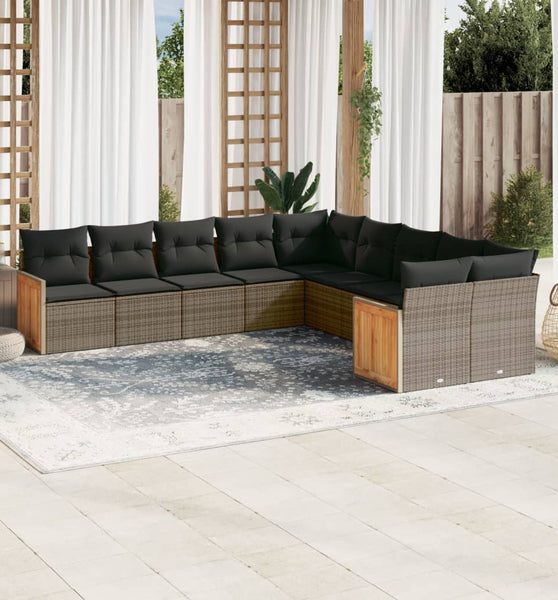 10-tlg. Garten-Sofagarnitur mit Kissen Grau Poly Rattan